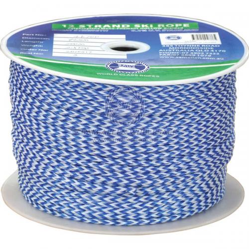 12mm x 100m Polyethylene Ski Rope - 12 Strand Hollow Braid Blue (Reel) V2-46720